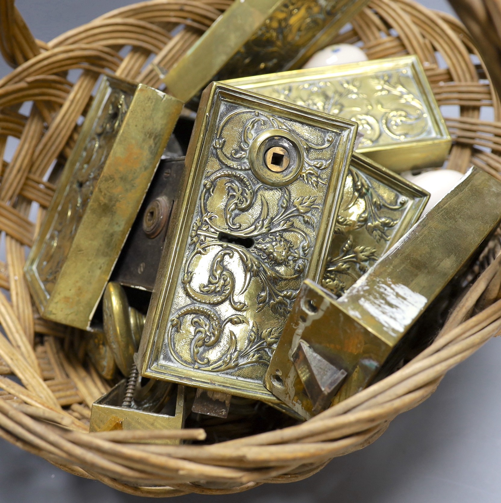 Seven late 19th century/early 20th century brass door locks and cases and assorted door furniture etc